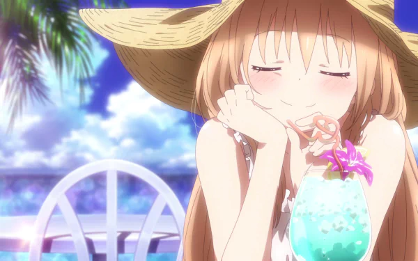 HD desktop wallpaper of Umaru Doma from Himouto! Umaru-chan, relaxing outdoors in a straw hat, sipping a drink with a flower garnish, with a bright and clear sky in the background.