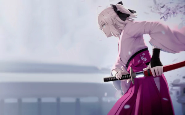 HD PC desktop wallpaper featuring Sakura Saber from the Fate series in anime style, from Fate/KOHA-ACE, holding a katana with a serene, blurred background.