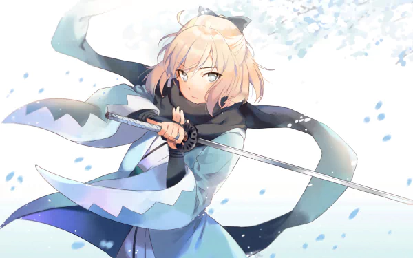 HD wallpaper featuring Sakura Saber, also known as Okita Souji, from the anime Fate/KOHA-ACE, depicted in a dynamic pose wielding a sword amidst falling petals.