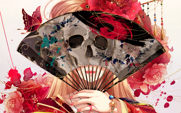 Anime Original Fan Skull Butterfly Blonde Flower HD Wallpaper | Background Image