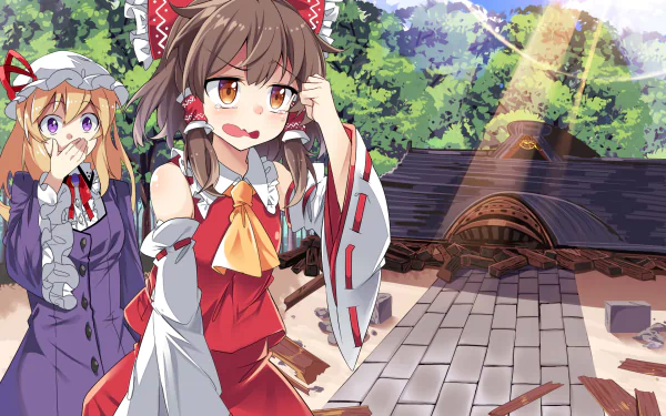 HD anime desktop wallpaper featuring Maribel Hearn and Reimu Hakurei from Touhou, set against a vibrant shrine backdrop with lush greenery and sunlight.