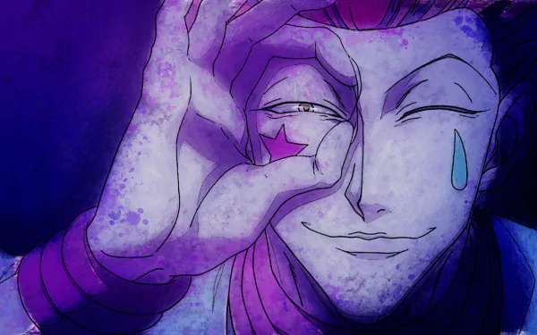 HD desktop wallpaper of Hisoka from Hunter x Hunter anime, featuring his signature smirk and gesture with a glowing, vibrant purple and blue background.