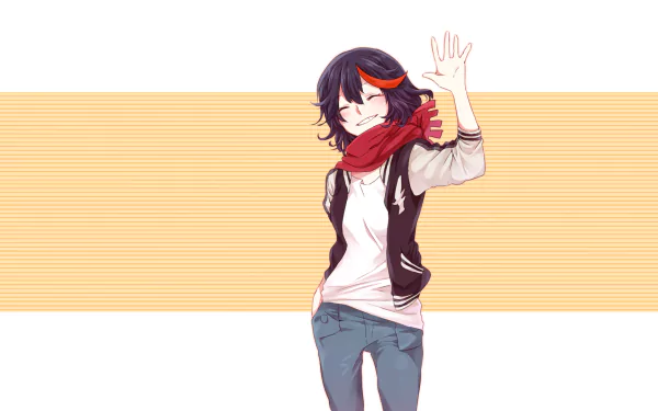 HD desktop wallpaper of Ryūko Matoi from the anime Kill La Kill, featuring her in casual attire and waving with a confident expression against a simple, striped background.