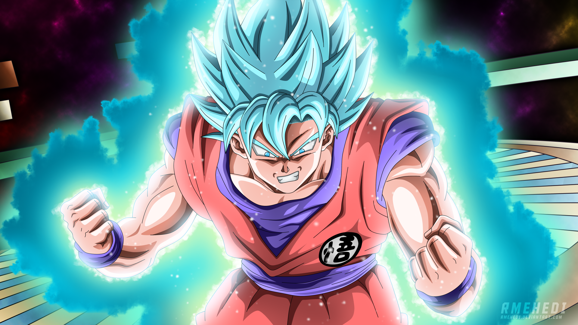 Goku from Dragon Ball Super in Super Saiyan Blue form, radiating energy in a vibrant 8K Ultra HD anime desktop wallpaper.