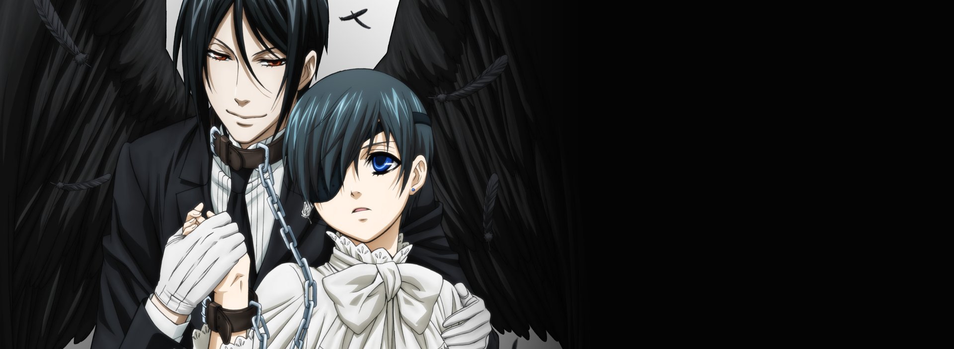 HD anime desktop wallpaper featuring Sebastian Michaelis and Ciel Phantomhive from Black Butler, showcasing their distinct gothic Victorian attire and dark, mysterious aura.