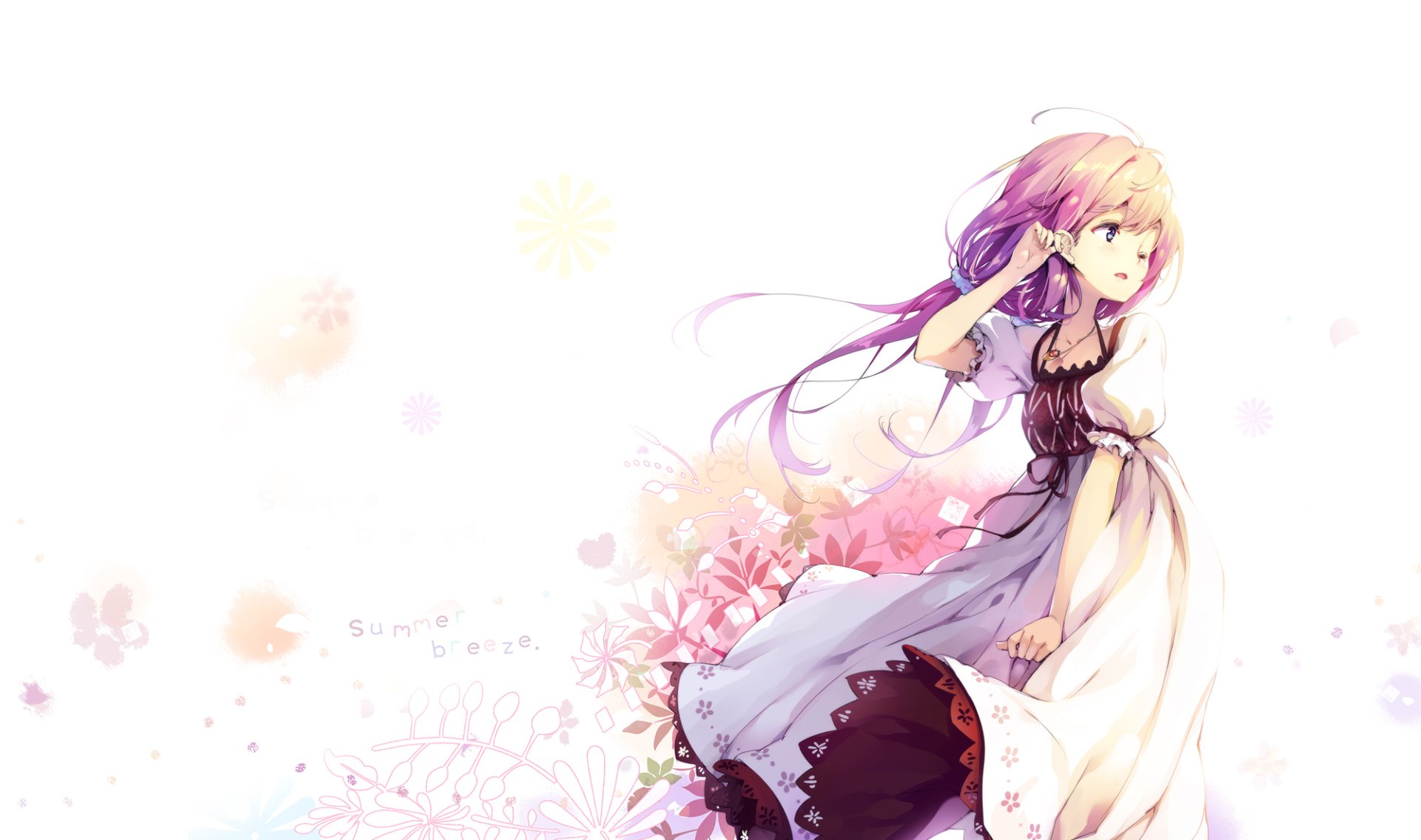 HD anime desktop wallpaper featuring an original anime girl in a flowing dress, set against a soft, floral background.