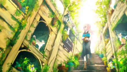 HD wallpaper from the video game VOEZ featuring a vibrant, sunlit garden with a girl holding flowers and a white cat peeking from a wooden building.