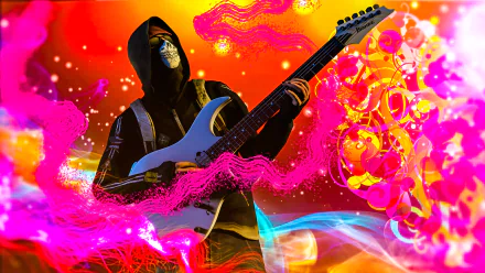 Vivid HD desktop wallpaper featuring a hooded figure from Counter-Strike: Global Offensive playing a guitar amidst a colorful, vibrant background.