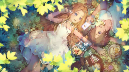 HD PC desktop wallpaper for the video game VOEZ: two girls lie among yellow leaves, sharing a phone, surrounded by dreamy watercolor textures and scattered snacks.
