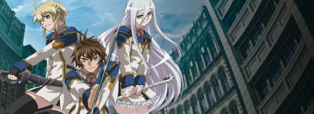 Felli Loss, Nina Antalk and Layfon Alseif from Chrome Shelled Regios pose before a cityscape — anime 2K Quad HD PC desktop wallpaper and background.