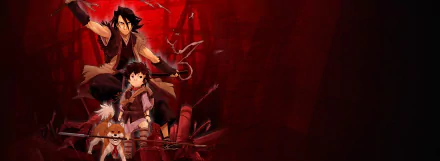Anime 2K Quad HD PC wallpaper of Sword of the Stranger: Nanashi (Stranger) with sword, Kotarou and Tobimaru with dog and arrows against a dramatic red sky.
