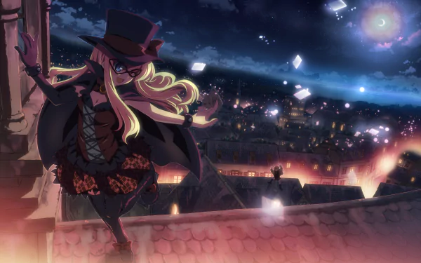 4K Ultra HD DJMax PC wallpaper: stylized character in a top hat and cape stands on a rooftop at night, hair flowing, overlooking a glowing city with floating musical motifs under a starry sky.