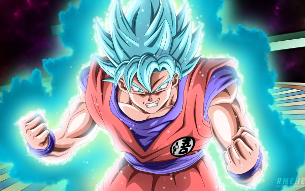 Goku from Dragon Ball Super in Super Saiyan Blue form, radiating energy in a vibrant 8K Ultra HD anime desktop wallpaper.