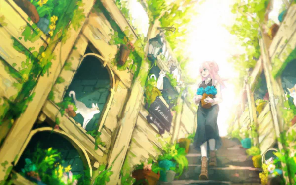 HD wallpaper from the video game VOEZ featuring a vibrant, sunlit garden with a girl holding flowers and a white cat peeking from a wooden building.