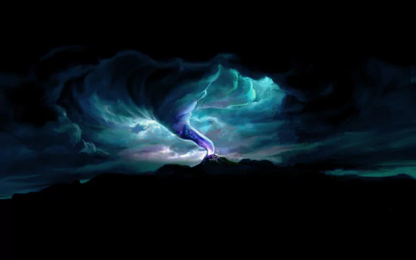 Artistic HD desktop wallpaper of a glowing tornado swirling above a mountain under a dramatic cloudy sky.