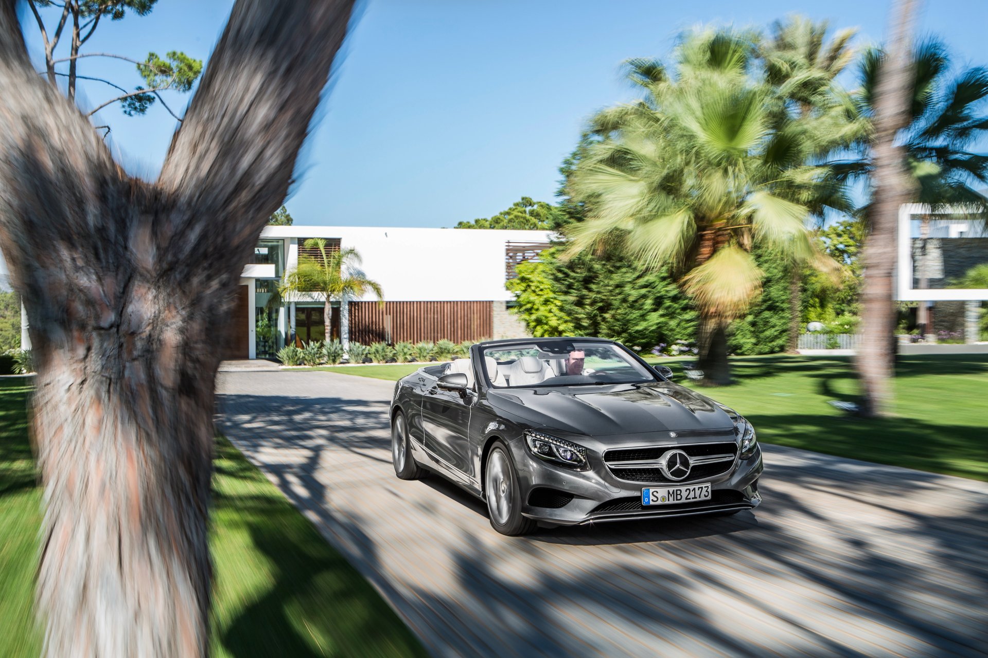 Silver Mercedes-Benz S-Class car in motion blur driving on a sunny street with palm trees, captured in 4K Ultra HD for a dynamic PC desktop wallpaper.