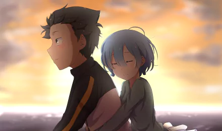 HD anime wallpaper featuring Subaru Natsuki and Rem from Re:Zero - Starting Life in Another World, set against a warm, glowing sunset background.