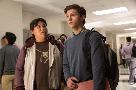 HD desktop wallpaper featuring Jacob Batalon and Tom Holland as Peter Parker in a scene from the movie Spider-Man: Homecoming.