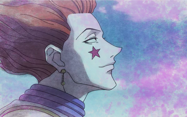 HD desktop wallpaper featuring Hisoka from the anime Hunter × Hunter, displaying a serene side profile against a watercolor-like background.