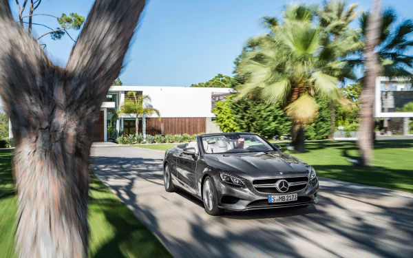Silver Mercedes-Benz S-Class car in motion blur driving on a sunny street with palm trees, captured in 4K Ultra HD for a dynamic PC desktop wallpaper.