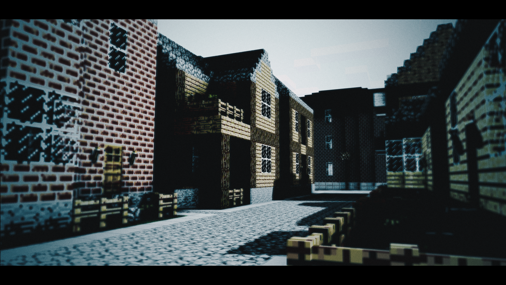 4K Ultra HD Minecraft scene showcasing a detailed, block-style village street with brick and wooden buildings under a clear sky, designed for PC desktop wallpaper.