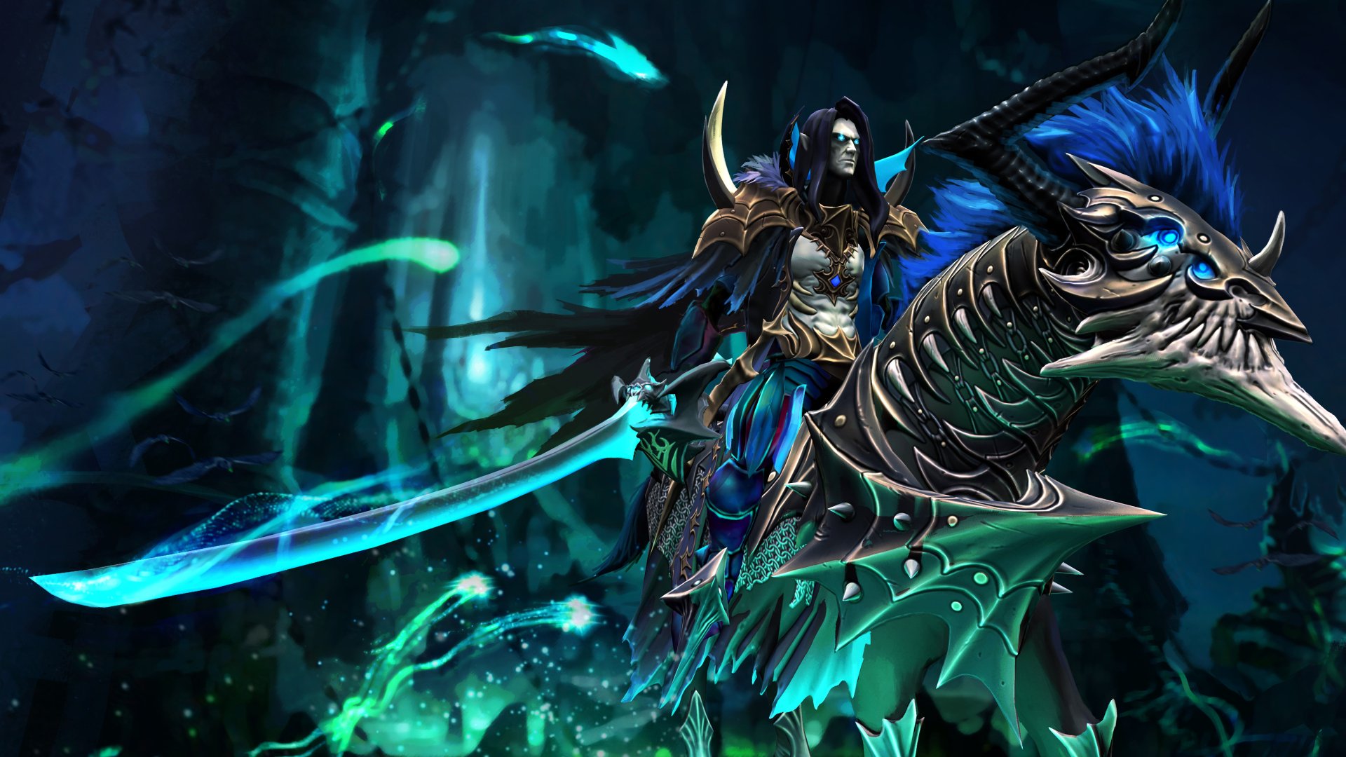 HD wallpaper featuring a dark warrior wielding a glowing sword, mounted on a fearsome beast amid a mystical atmosphere, inspired by the video game DotA 2.