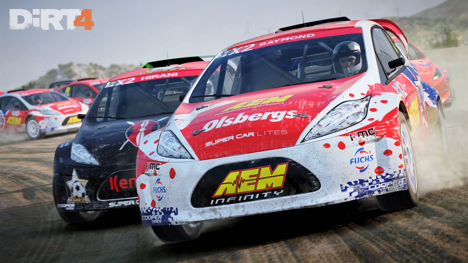 HD desktop wallpaper featuring rally cars from the video game Dirt 4 racing on a dirt track.