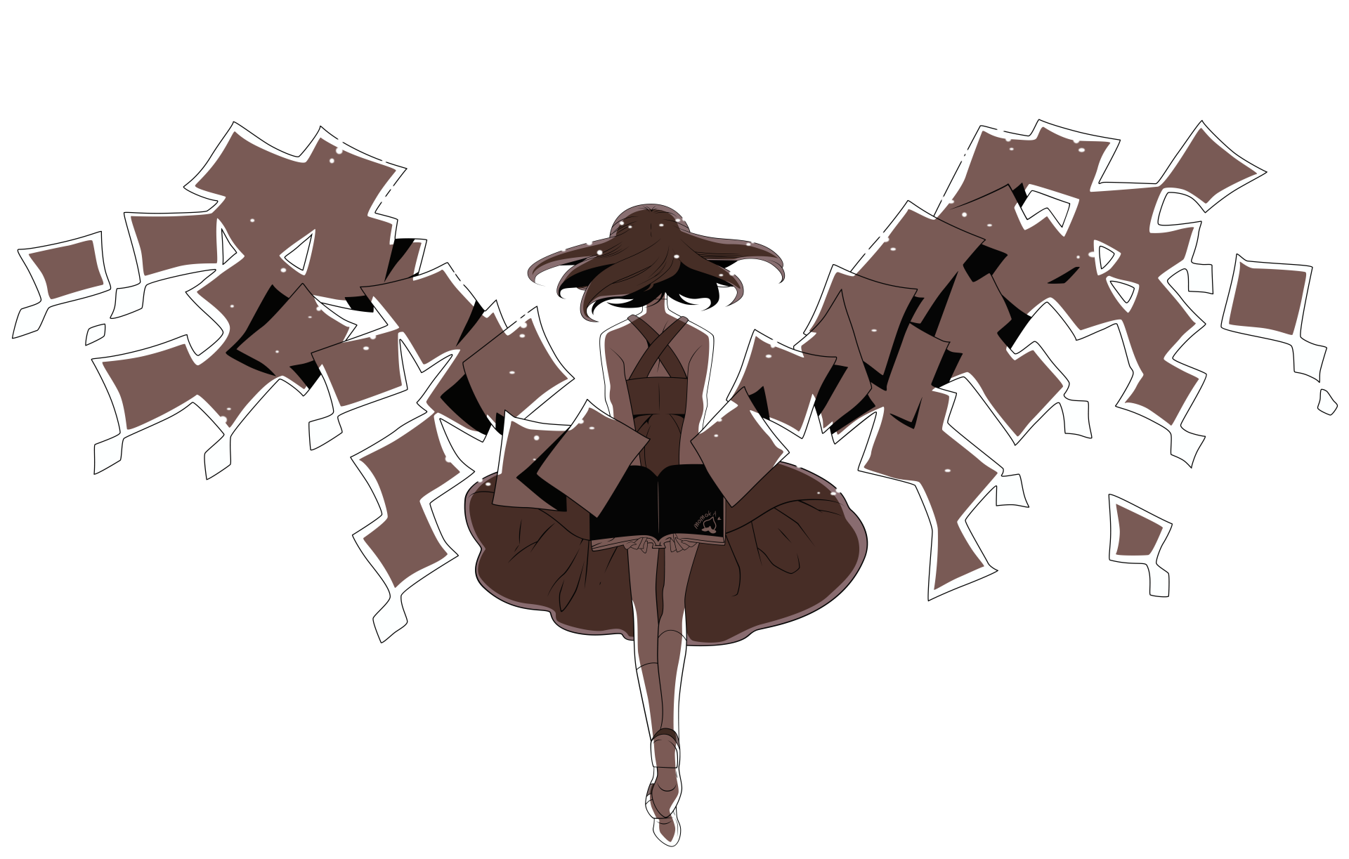 An 8K Ultra HD anime desktop wallpaper featuring a stylized character from Mawaru Penguindrum with fragmented, wing-like shapes extending behind them.