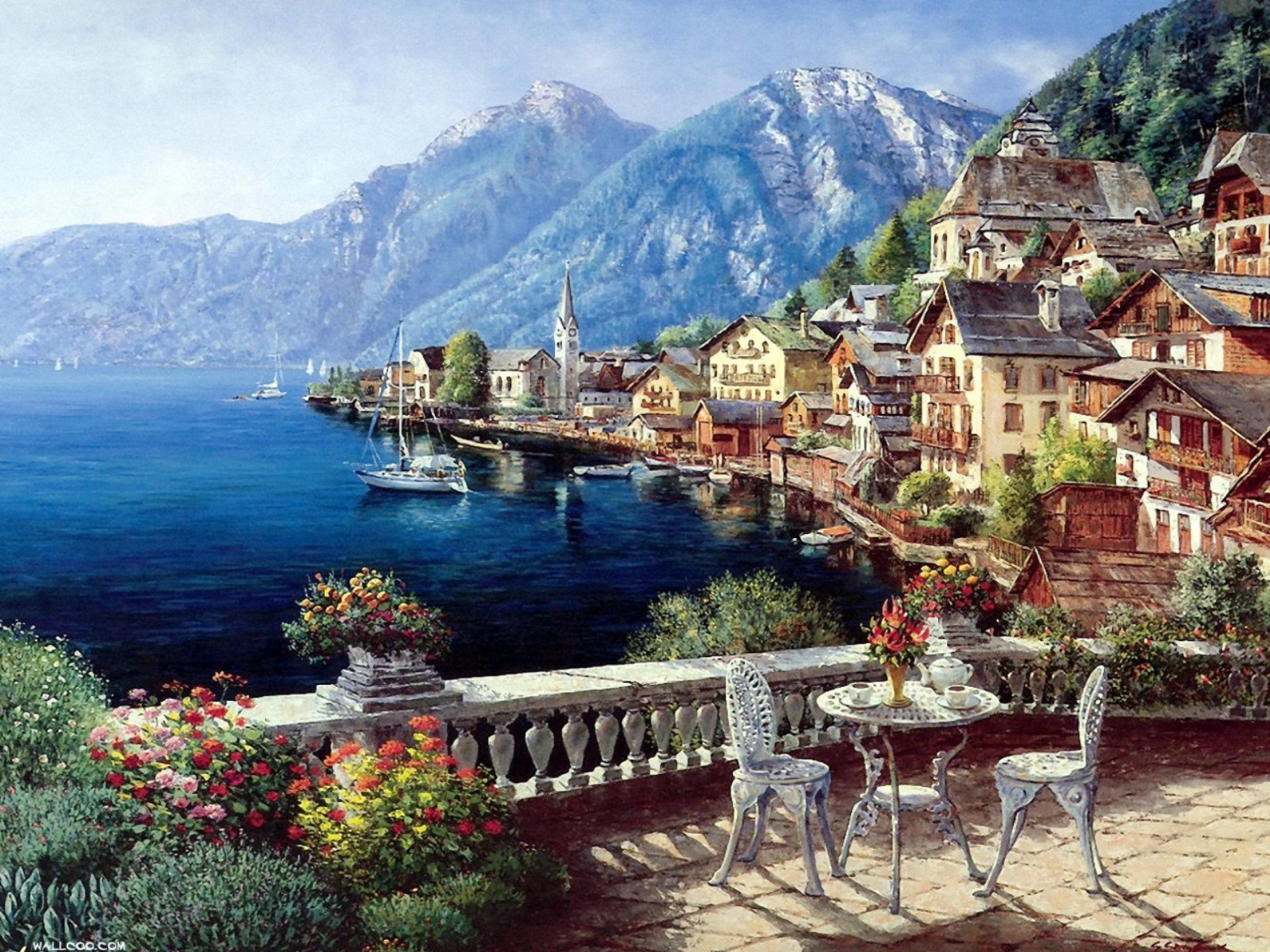 Artistic painting of Hallstatt town in Austria featuring houses by the lake and mountains, captured as an HD PC desktop wallpaper and background.