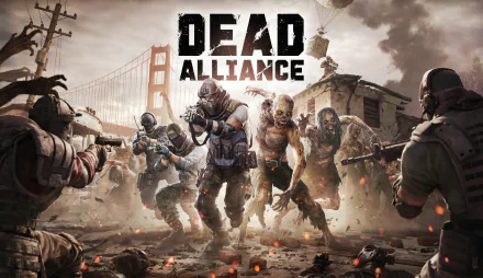 Dead Alliance video game 5K Ultra HD PC desktop wallpaper: armored soldiers and undead zombies clash in a ruined city with the Golden Gate Bridge looming in the background.
