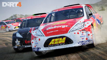 HD desktop wallpaper featuring rally cars from the video game Dirt 4 racing on a dirt track.