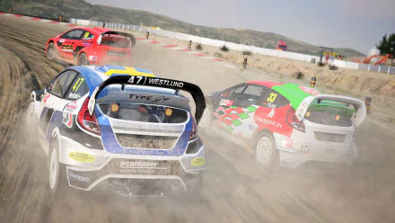 HD wallpaper of rally cars racing on a dirt track from the video game Dirt 4, kicking up dust as they compete.
