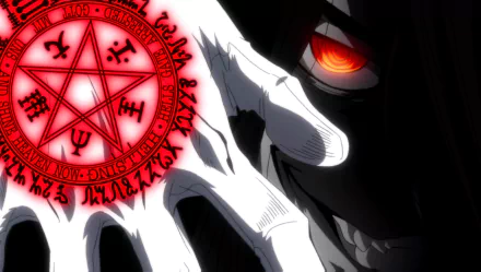 HD wallpaper featuring Alucard from Hellsing, showcasing a striking occult and dark magic theme, with intense red eyes and a glowing pentagram symbol. The dark anime aesthetic is vividly captured.