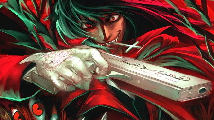 HD wallpaper featuring Alucard from the anime Hellsing, gripping a pistol and wearing a red cloak, with a dark, intense background.