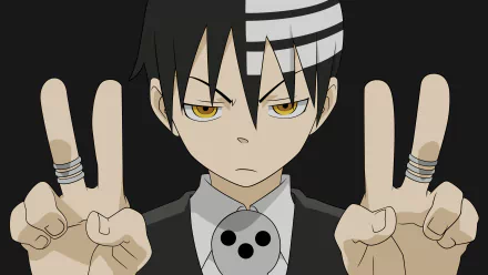 Death the Kid from Soul Eater anime, depicted in 8K Ultra HD, showing a serious expression and holding up two peace signs against a dark background.