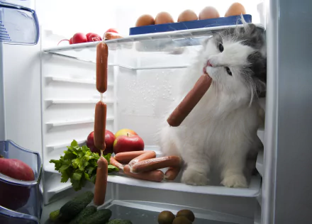 A humorous 4K Ultra HD wallpaper of a cat inside a fridge playfully biting a hanging sausage among fruits and vegetables.