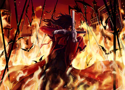 HD desktop wallpaper of Alucard from the anime Hellsing, depicted in a dramatic scene with his gun drawn, surrounded by flames and silhouettes of bats against a fiery background.