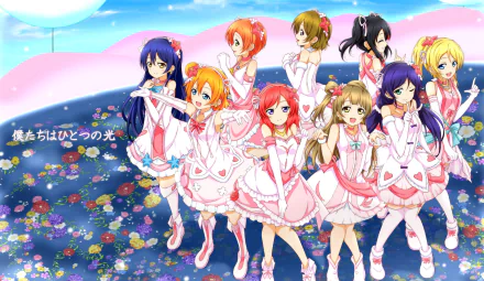 HD PC wallpaper featuring the anime characters Eri Ayase, Umi Sonoda, Rin Hoshizora, Nozomi Tojo, Nico Yazawa, Maki Nishikino, Kotori Minami, Hanayo Koizumi, and Honoka Kousaka from Love Live!.