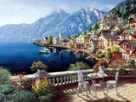 Artistic painting of Hallstatt town in Austria featuring houses by the lake and mountains, captured as an HD PC desktop wallpaper and background.