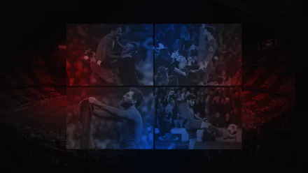 HD PC desktop wallpaper featuring a dynamic collage of FC Barcelona moments with a dark red and blue sports-themed background.
