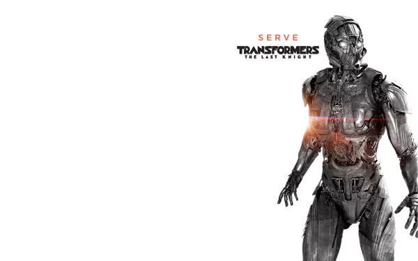 Cogman from Transformers: The Last Knight stands against a white background in this 4K Ultra HD movie desktop wallpaper.