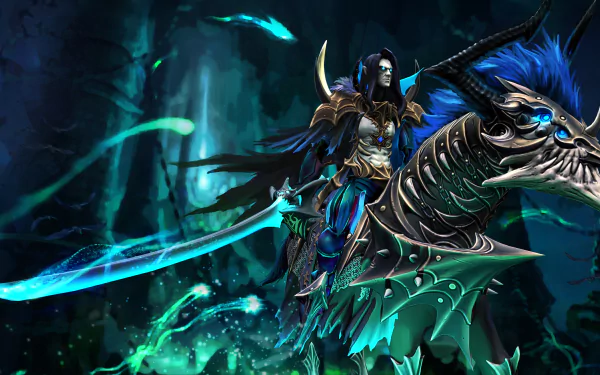 HD wallpaper featuring a dark warrior wielding a glowing sword, mounted on a fearsome beast amid a mystical atmosphere, inspired by the video game DotA 2.
