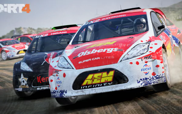 HD desktop wallpaper featuring rally cars from the video game Dirt 4 racing on a dirt track.