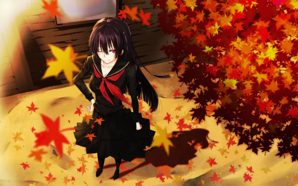 HD anime desktop wallpaper featuring Yuuko Kanoe from Tasogare Otome x Amnesia surrounded by vibrant autumn leaves and warm lighting.
