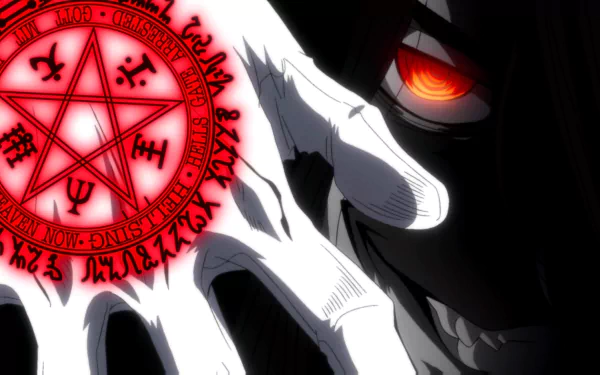 HD wallpaper featuring Alucard from Hellsing, showcasing a striking occult and dark magic theme, with intense red eyes and a glowing pentagram symbol. The dark anime aesthetic is vividly captured.