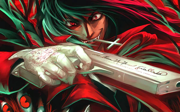 HD wallpaper featuring Alucard from the anime Hellsing, gripping a pistol and wearing a red cloak, with a dark, intense background.