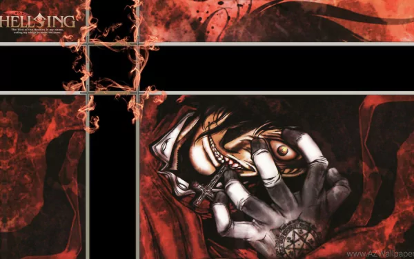 HD anime desktop wallpaper featuring Alucard from Hellsing, surrounded by dark occult symbols and a red-black color scheme emphasizing the series' intense atmosphere.