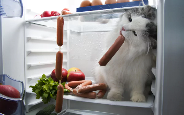 A humorous 4K Ultra HD wallpaper of a cat inside a fridge playfully biting a hanging sausage among fruits and vegetables.