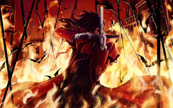HD desktop wallpaper of Alucard from the anime Hellsing, depicted in a dramatic scene with his gun drawn, surrounded by flames and silhouettes of bats against a fiery background.