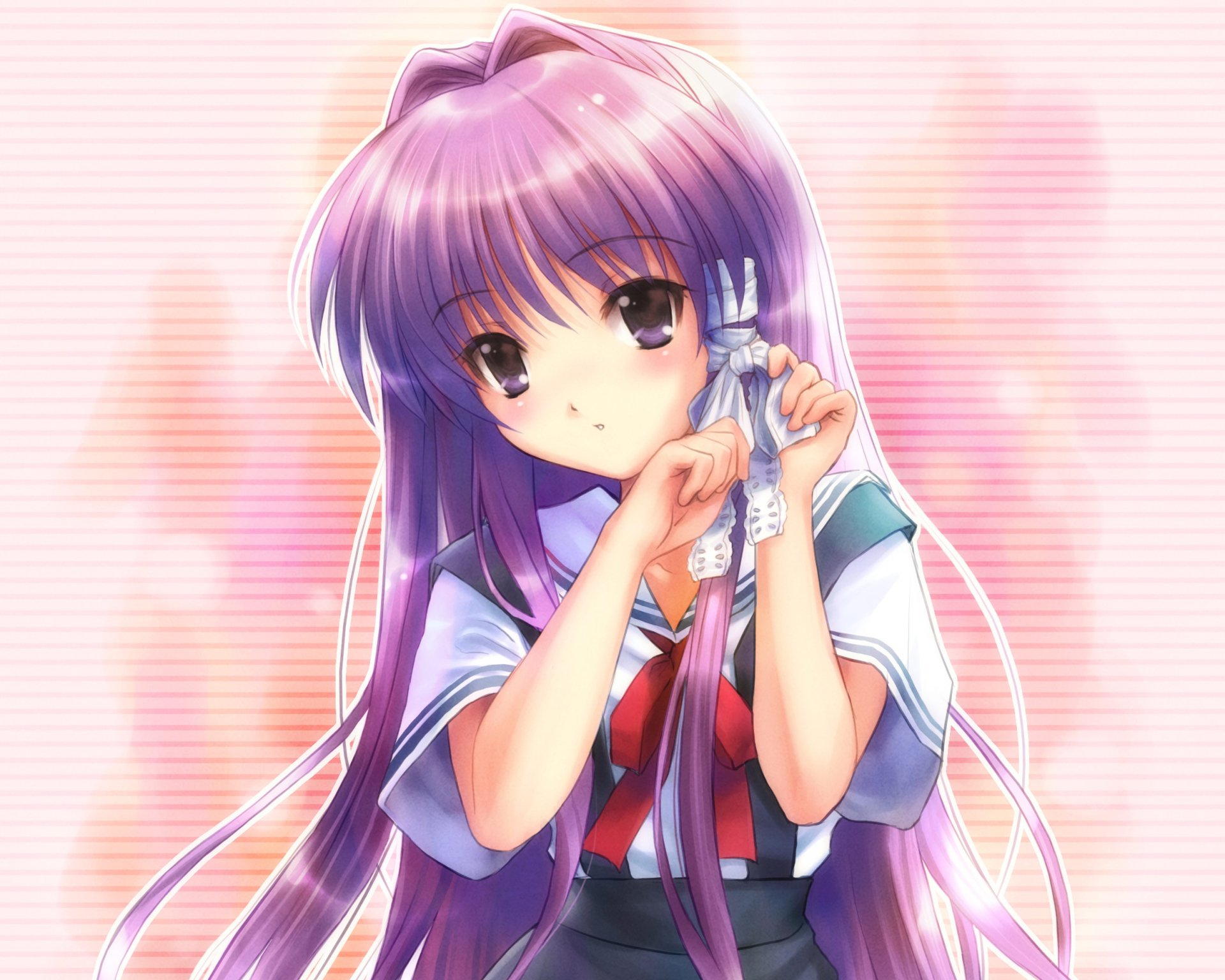 Anime Clannad HD PC desktop wallpaper/background: purple-haired schoolgirl in uniform adjusting a ribbon, framed by a soft pink glow and gentle lighting.